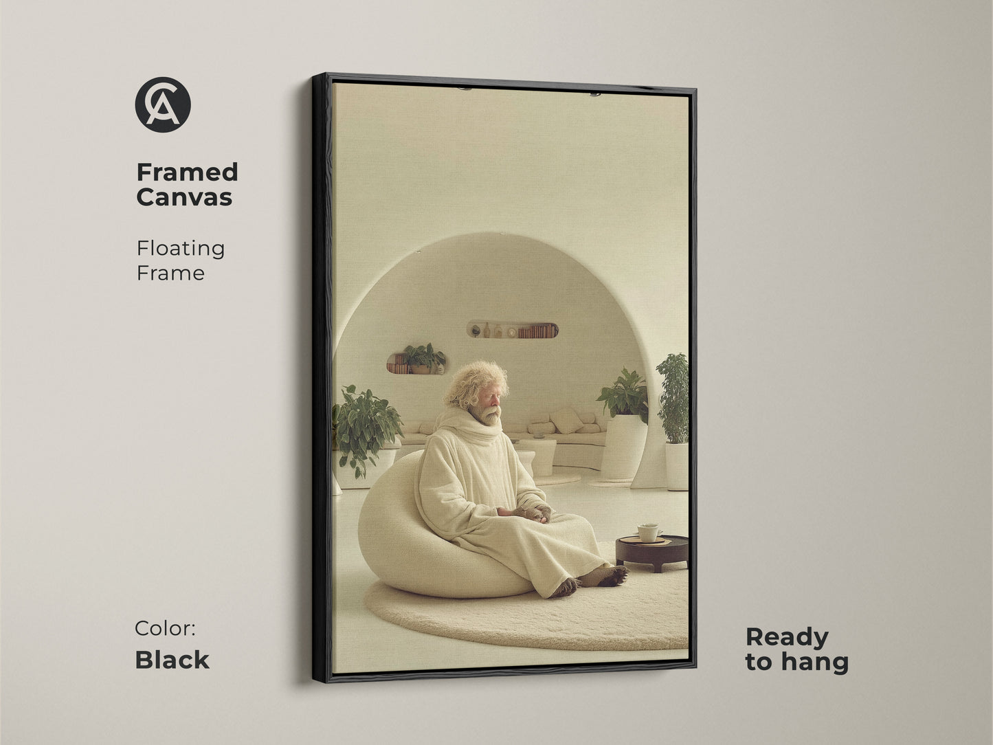Framed canvas features elderly man meditating in a neutral room. The floating frame is black adding to the minimalist design. This zen figure wall art is ready to hang. The beige cream wall decor evokes a sense of peaceful interior decor. Add this unique wall hanging to your modern minimalist art collection