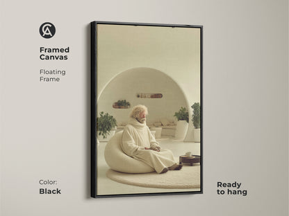 Framed canvas features elderly man meditating in a neutral room. The floating frame is black adding to the minimalist design. This zen figure wall art is ready to hang. The beige cream wall decor evokes a sense of peaceful interior decor. Add this unique wall hanging to your modern minimalist art collection