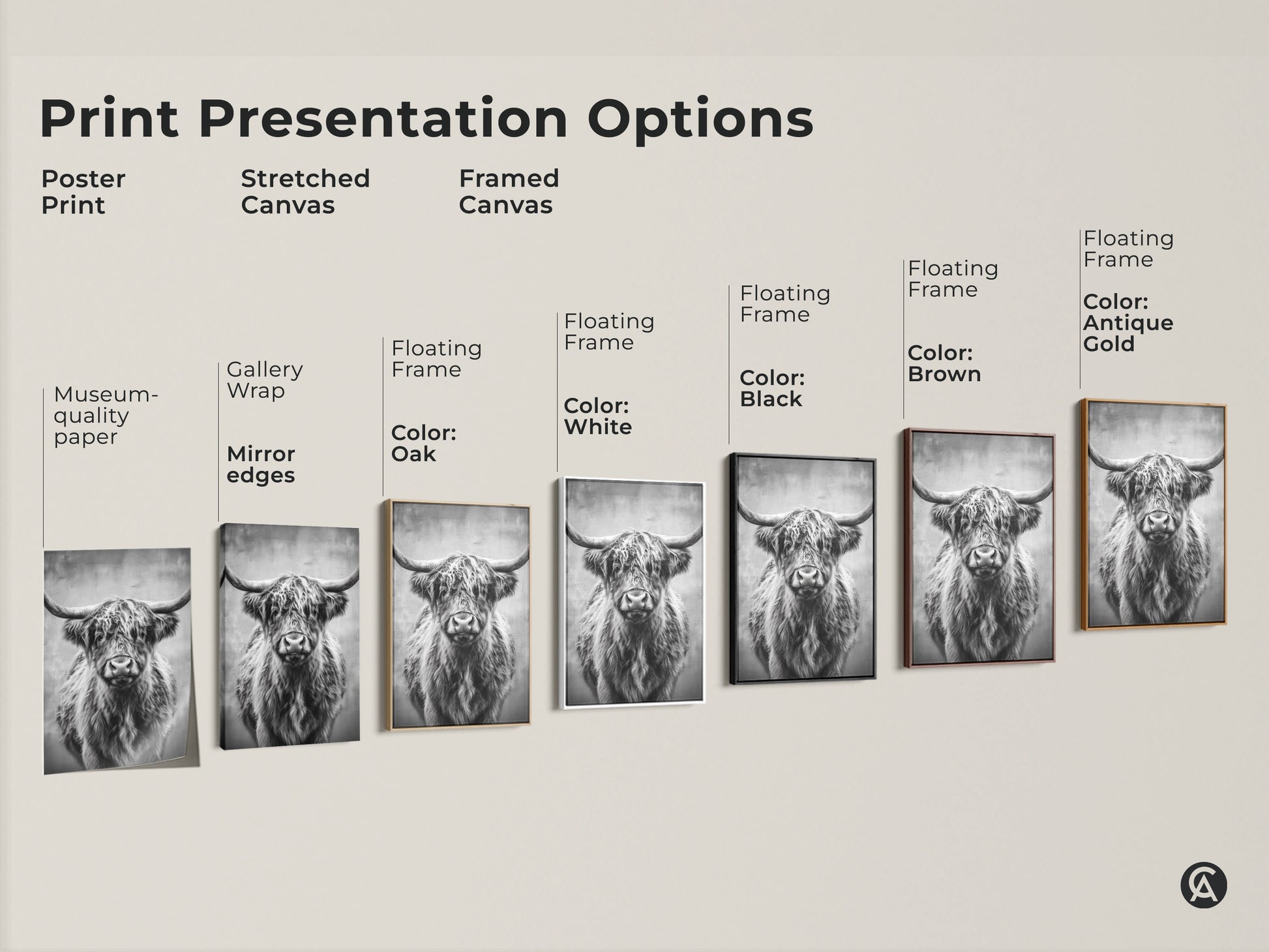 Explore print presentation options. See poster prints stretched canvases and framed canvases. Each featuring monochrome Highland Cow art. Choose black brown oak and white frames. Transform your space with rustic wildlife art.