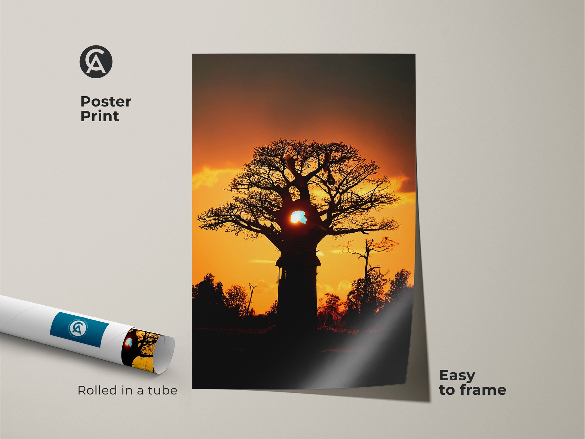 Poster print featuring an African Baobab tree at sunset. The boho nature artwork is rolled in a tube for protection. Easy to frame and display in any room. The warm colors bring an eclectic touch.