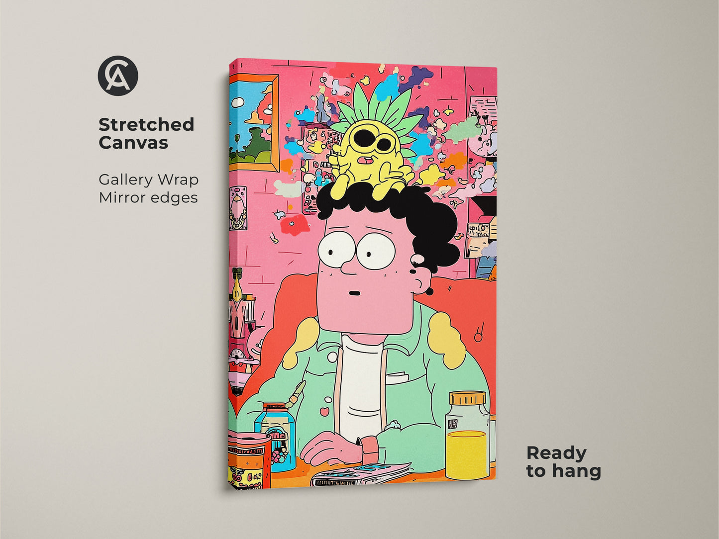 A stretched canvas print displays colorful cartoon art. The art features a man with a pineapple on his head. Its gallery wrapped with mirrored edges. The art is ready to hang and enjoy.