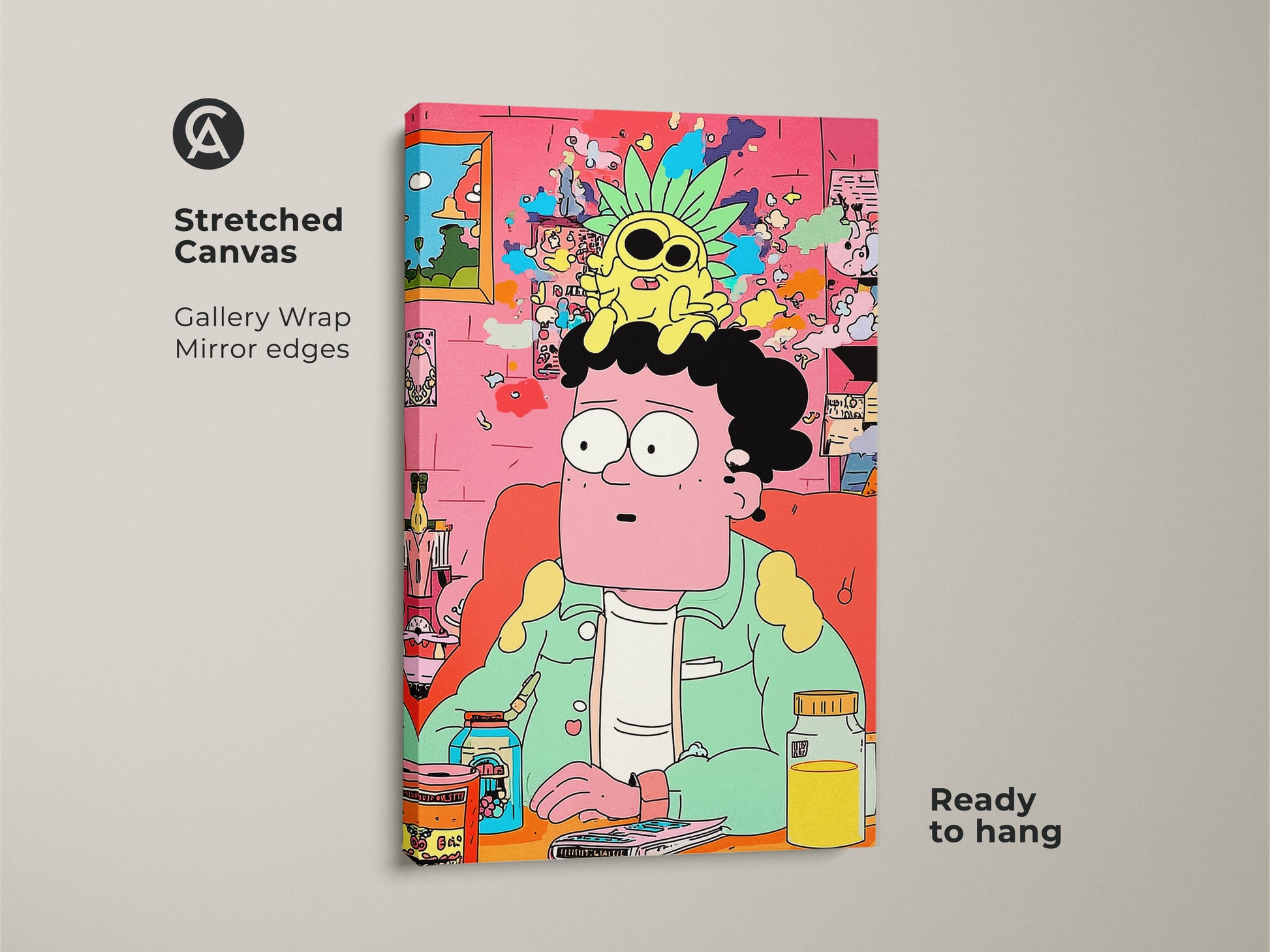 A stretched canvas print displays colorful cartoon art. The art features a man with a pineapple on his head. Its gallery wrapped with mirrored edges. The art is ready to hang and enjoy.