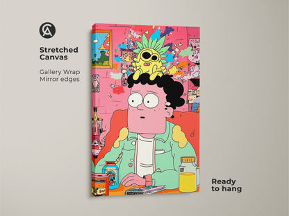 A stretched canvas print displays colorful cartoon art. The art features a man with a pineapple on his head. Its gallery wrapped with mirrored edges. The art is ready to hang and enjoy.