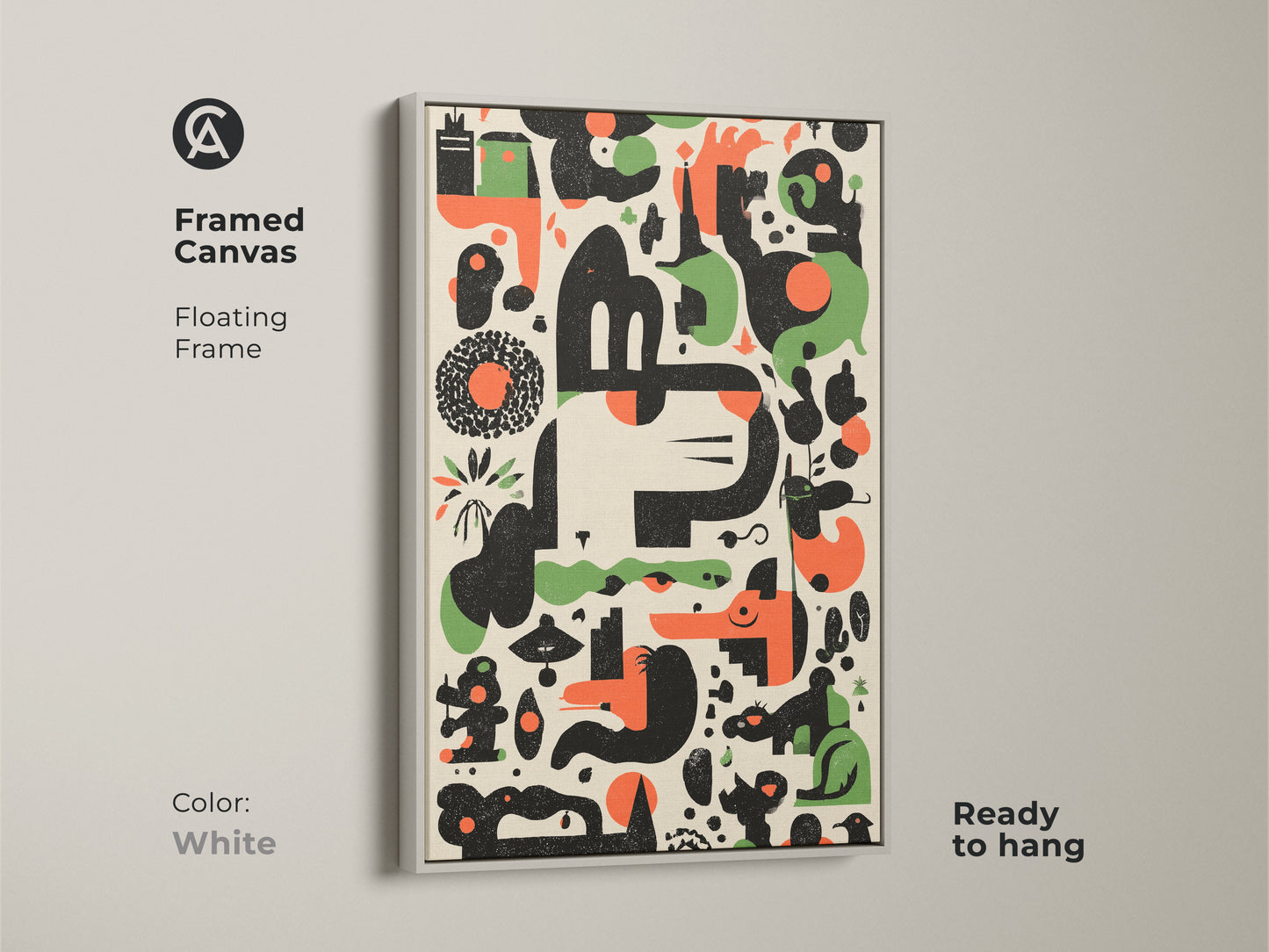 White Framed Canvas Print of Abstract Geometric Artwork. This Mid-Century Modern art features an Orange Green Black Animal Motif. Ready to hang with a floating frame. Ideal for office or home decor adding a retro touch.