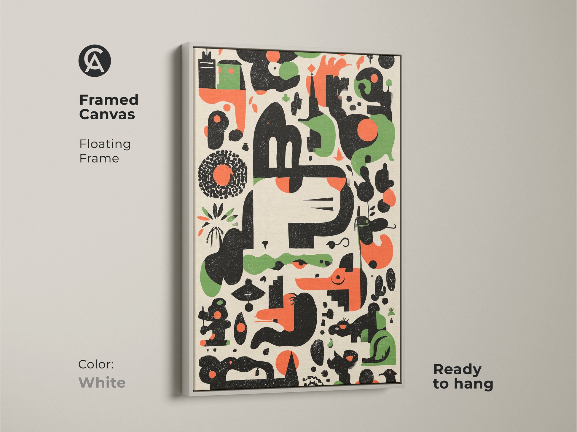 White Framed Canvas Print of Abstract Geometric Artwork. This Mid-Century Modern art features an Orange Green Black Animal Motif. Ready to hang with a floating frame. Ideal for office or home decor adding a retro touch.