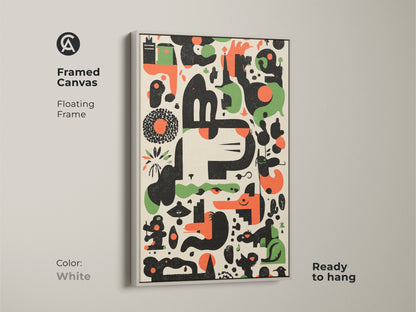 White Framed Canvas Print of Abstract Geometric Artwork. This Mid-Century Modern art features an Orange Green Black Animal Motif. Ready to hang with a floating frame. Ideal for office or home decor adding a retro touch.
