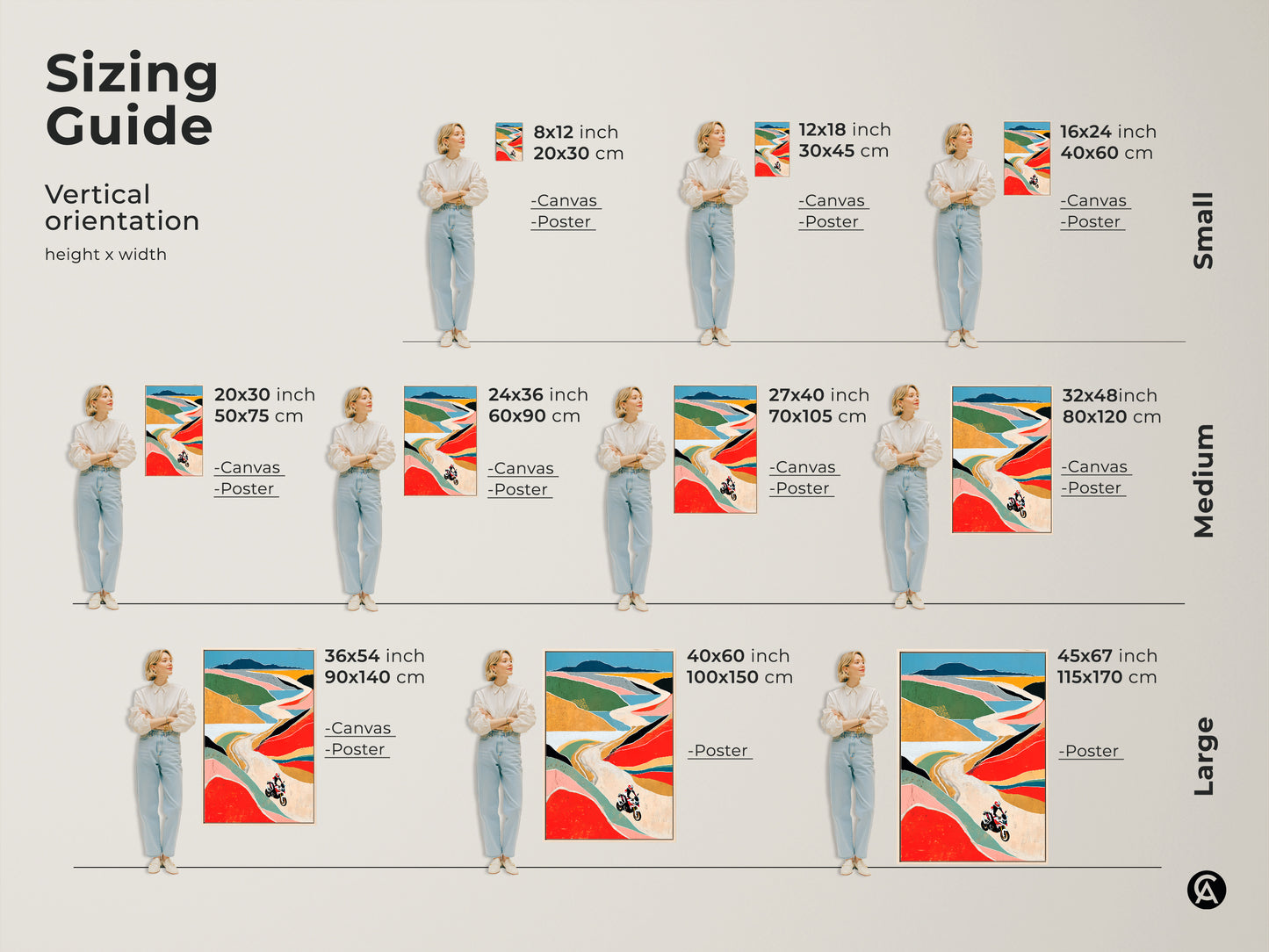 Visualize the perfect fit with this sizing guide for the abstract motorcycle art print. Available in canvas and poster options. Small medium and large sizes let you tailor the art to your space. Transform your home decor with this adventure-themed wall art.
