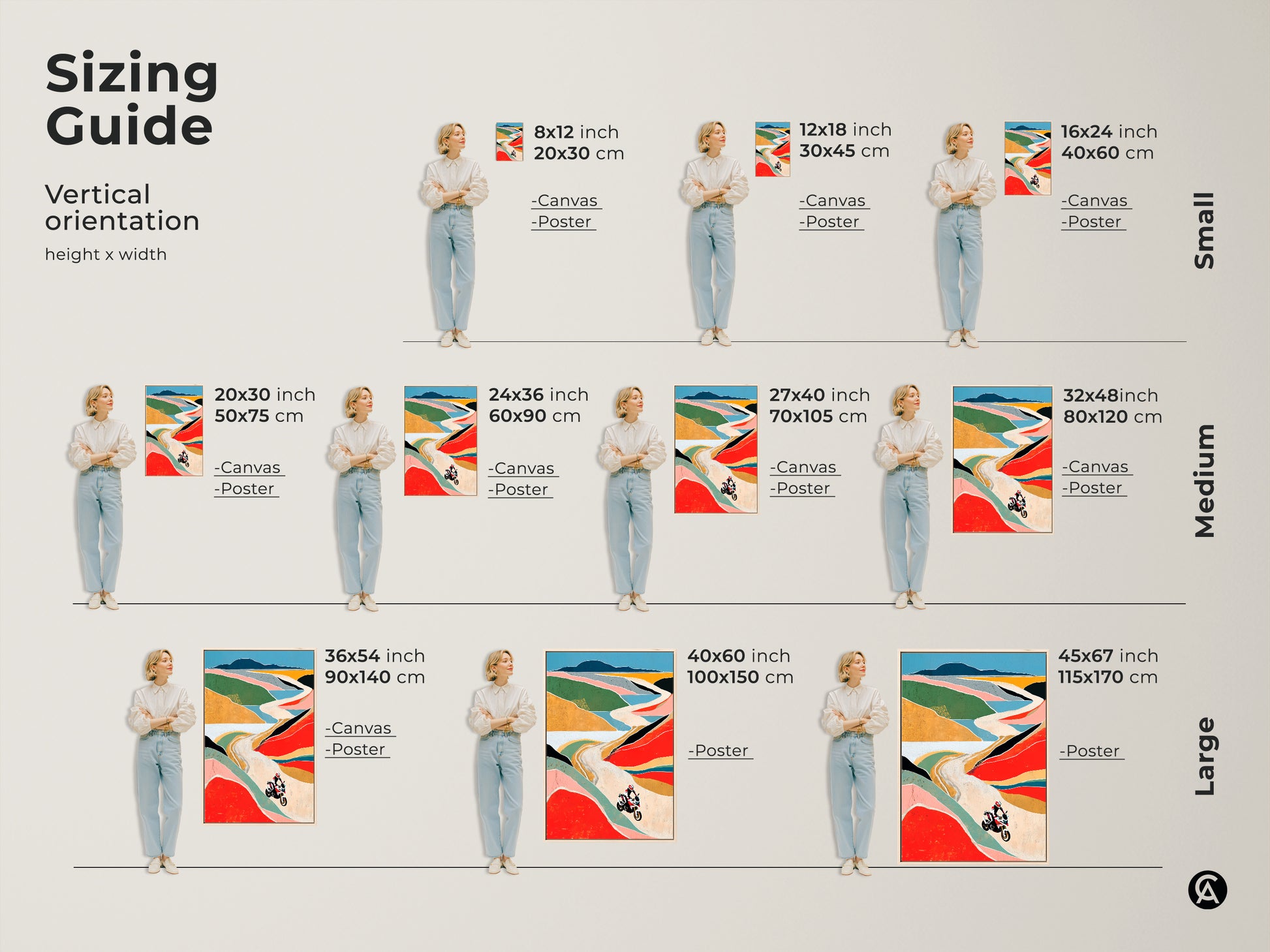 Visualize the perfect fit with this sizing guide for the abstract motorcycle art print. Available in canvas and poster options. Small medium and large sizes let you tailor the art to your space. Transform your home decor with this adventure-themed wall art.