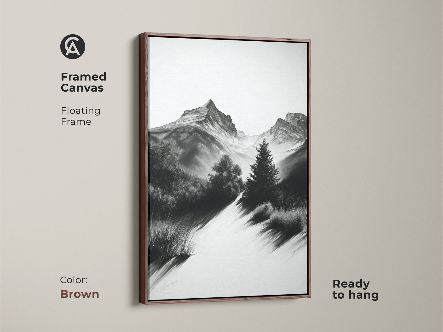 Framed monochrome mountain path artwork in a brown floating frame. This nature art is a black and white landscape sketch. This is ideal cabin decor with rustic home decor.