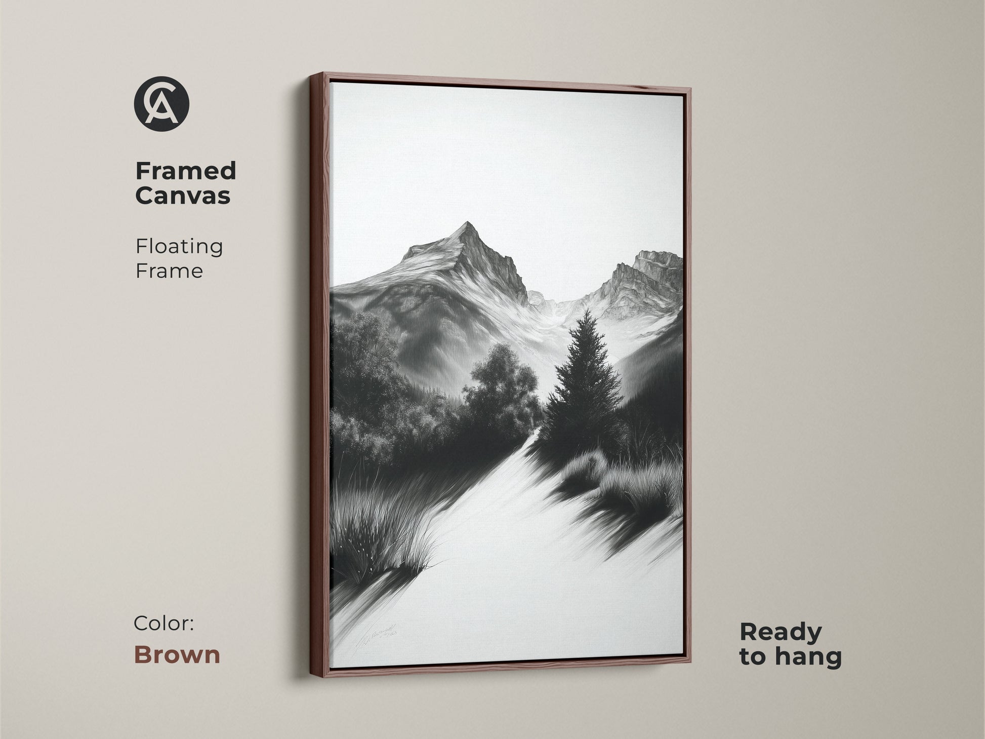 Framed monochrome mountain path artwork in a brown floating frame. This nature art is a black and white landscape sketch. This is ideal cabin decor with rustic home decor.
