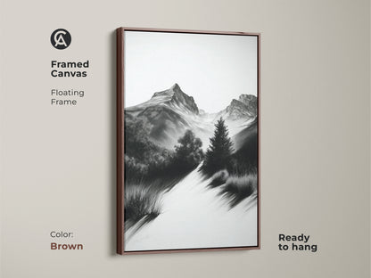 Framed monochrome mountain path artwork in a brown floating frame. This nature art is a black and white landscape sketch. This is ideal cabin decor with rustic home decor.