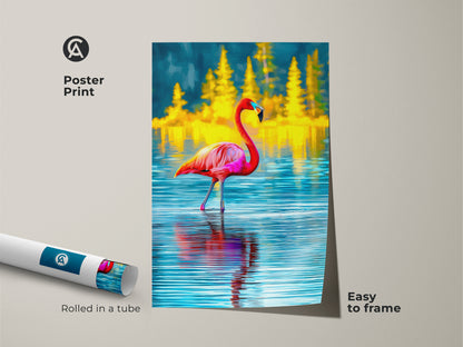 Poster print of a tropical flamingo art piece. This easy-to-frame print features a pink flamingo standing in blue water. Yellow pine trees create a vibrant nature scene. Rolled in a tube for protection. This bird wall art is perfect for any room.