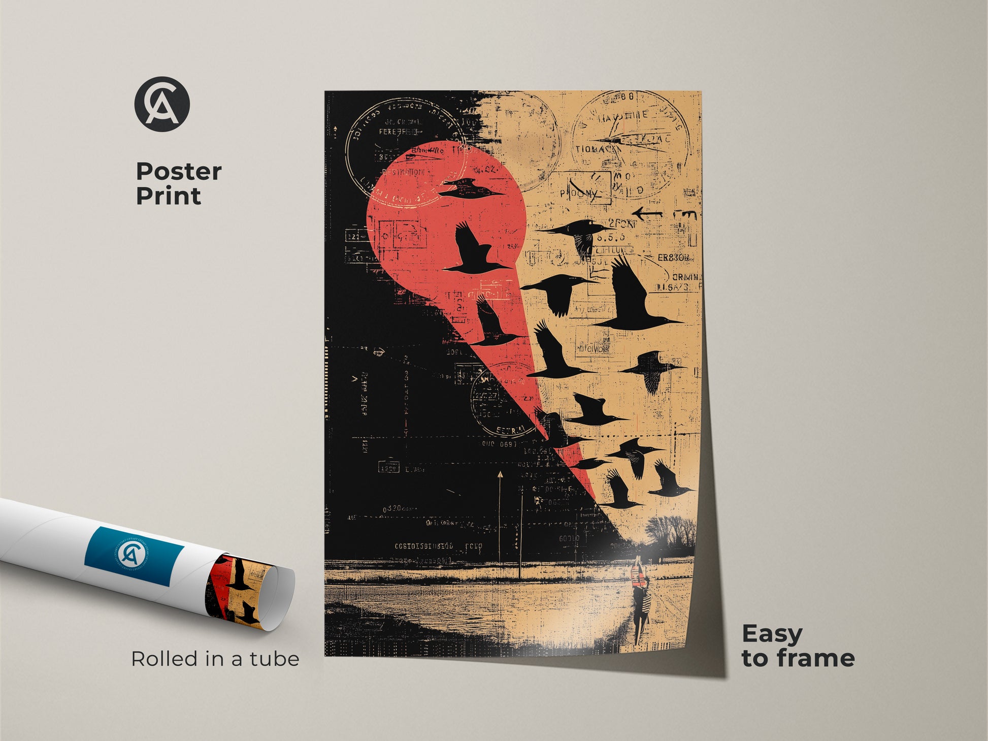 Poster Print featuring a Grunge Eclectic Wall Art. A collage of a flock of birds in flight. Against a rural landscape backdrop with a striking Red Beige and Black color palette. Easy to frame.