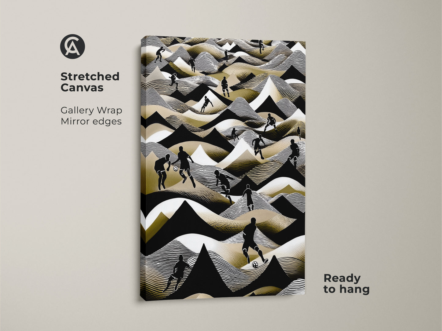 A stretched canvas displays abstract football art. It features a modern soccer scene with black white and gold accents. This gallery-wrapped piece is ready to hang. It's perfect for a sports-themed room. The mirror edges add a clean stylish look.
