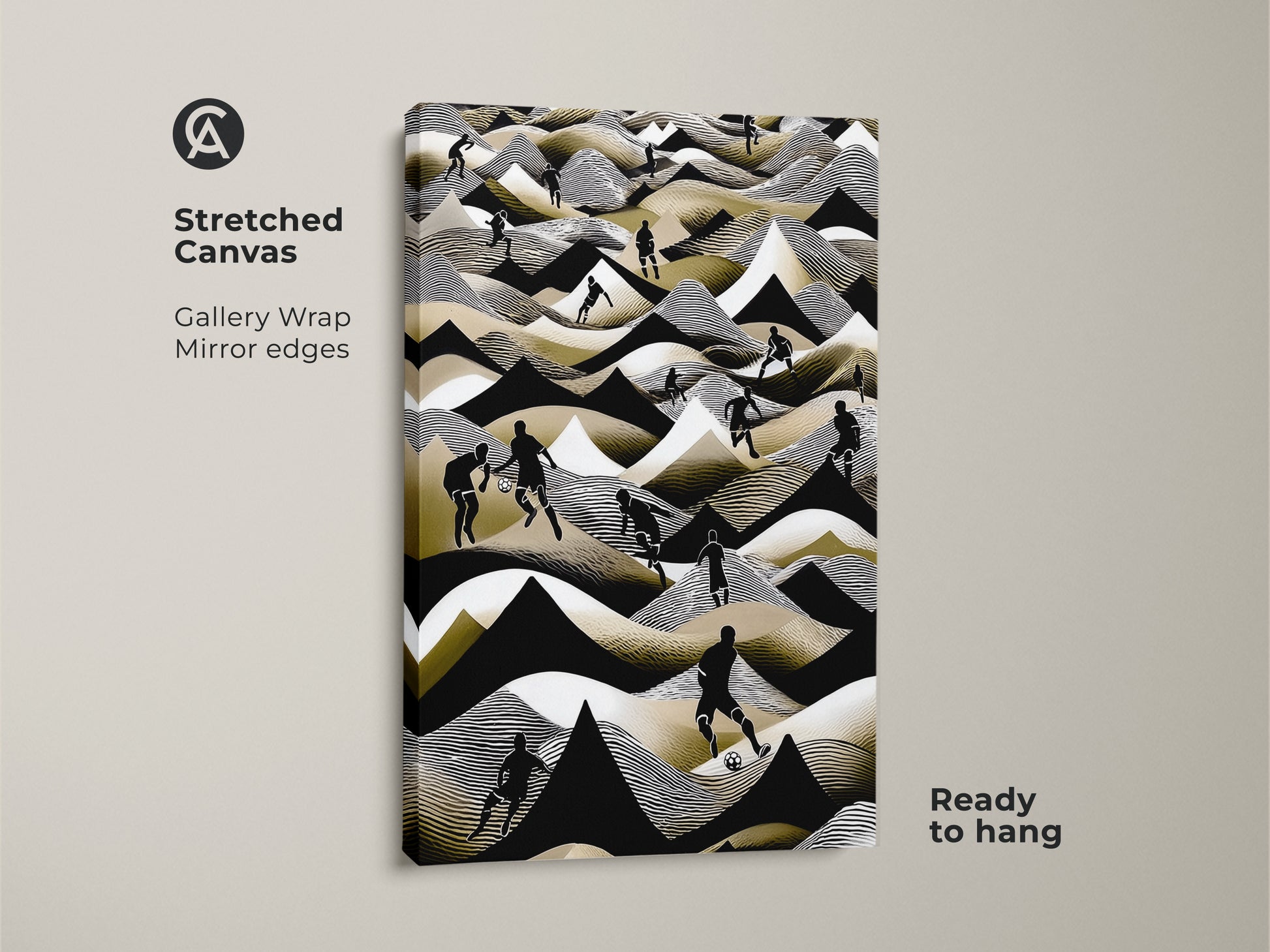 A stretched canvas displays abstract football art. It features a modern soccer scene with black white and gold accents. This gallery-wrapped piece is ready to hang. It's perfect for a sports-themed room. The mirror edges add a clean stylish look.