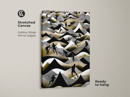 A stretched canvas displays abstract football art. It features a modern soccer scene with black white and gold accents. This gallery-wrapped piece is ready to hang. It's perfect for a sports-themed room. The mirror edges add a clean stylish look.