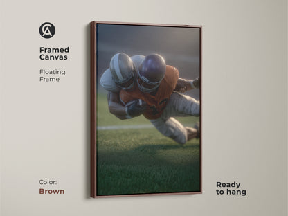 This framed canvas showcases realistic football artwork with a floating brown frame. The sports action wall art is ready to hang. It enhances office decor or a man cave with a touch of modern sports art. An excellent gift for football fans and collectors of dynamic action art.