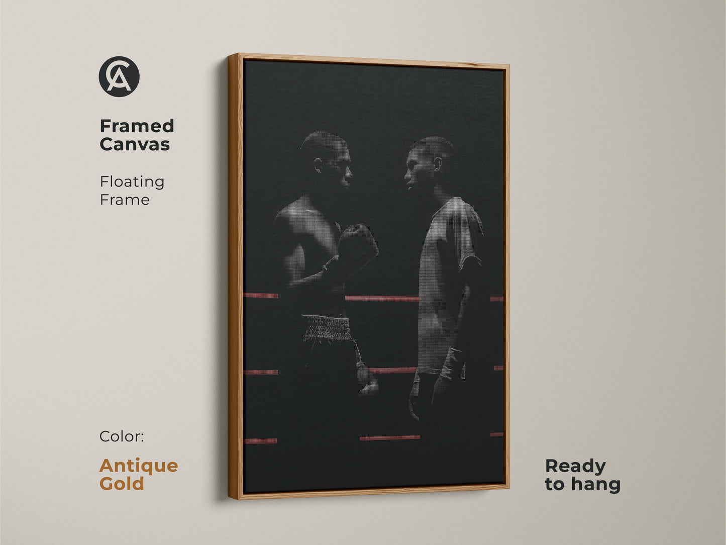 Framed canvas featuring minimalist boxer artwork in an antique gold floating frame. The monochrome boxer art showcases boxers in a ring. This motivational art is perfect for industrial decor. Surprise sports enthusiasts with this unique framed boxer poster ready to hang.