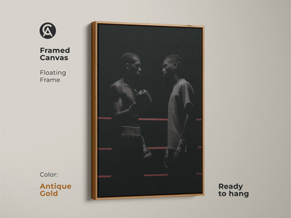 Framed canvas featuring minimalist boxer artwork in an antique gold floating frame. The monochrome boxer art showcases boxers in a ring. This motivational art is perfect for industrial decor. Surprise sports enthusiasts with this unique framed boxer poster ready to hang.