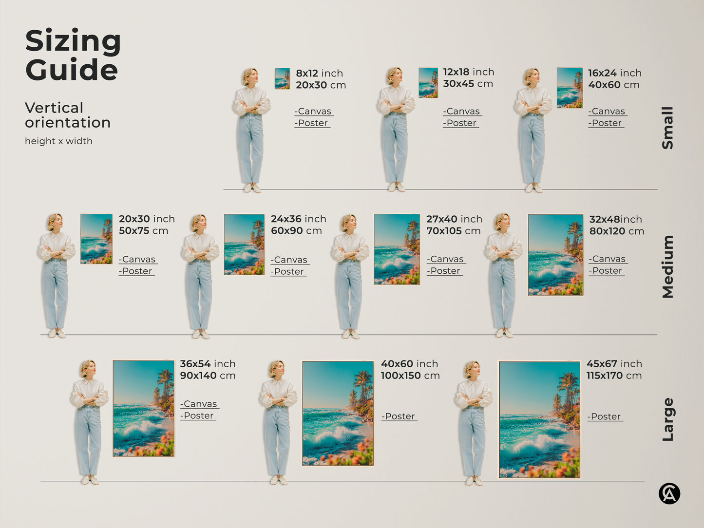 Sizing guide for vertical tropical beach artwork. Available as canvas or poster in sizes from 8x12 to 45x67 inches. Find the perfect fit for your space. Transform your home with stunning coastal art.