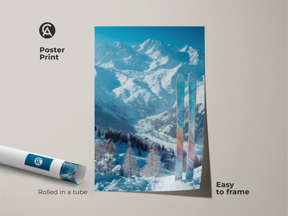Poster print of snow-covered mountains with colorful skis. Rolled in a tube for easy framing. This winter landscape artwork is a great gift idea. A simple way to bring nature indoors. The vivid colors and crisp details make this print stand out.