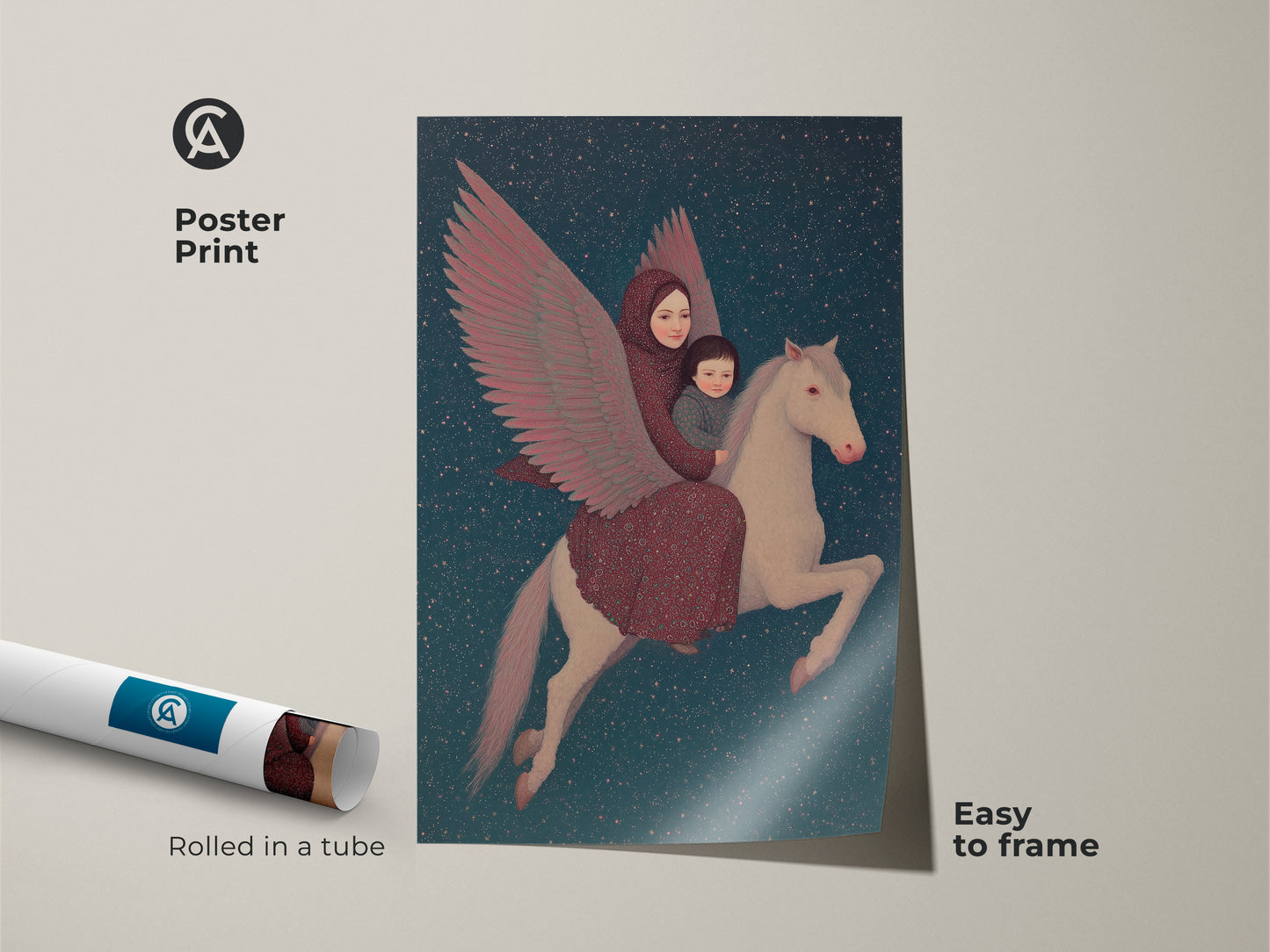 Poster print features celestial mother and child Pegasus art. Rolled in a tube this surreal folk painting print is easy to frame. The deep blue and crimson artwork makes a dreamy nursery wall art. A unique gift for a stargazer.