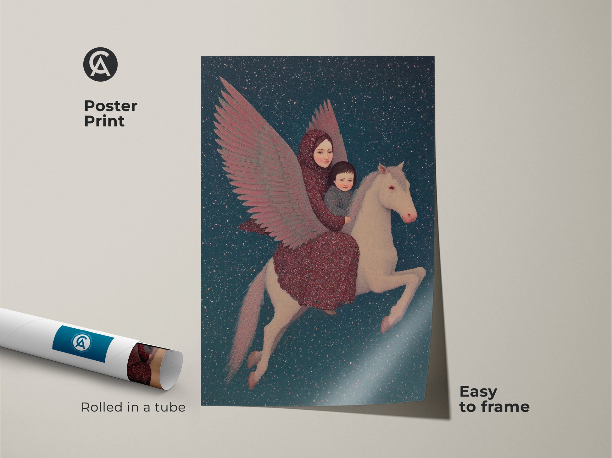 Poster print features celestial mother and child Pegasus art. Rolled in a tube this surreal folk painting print is easy to frame. The deep blue and crimson artwork makes a dreamy nursery wall art. A unique gift for a stargazer.