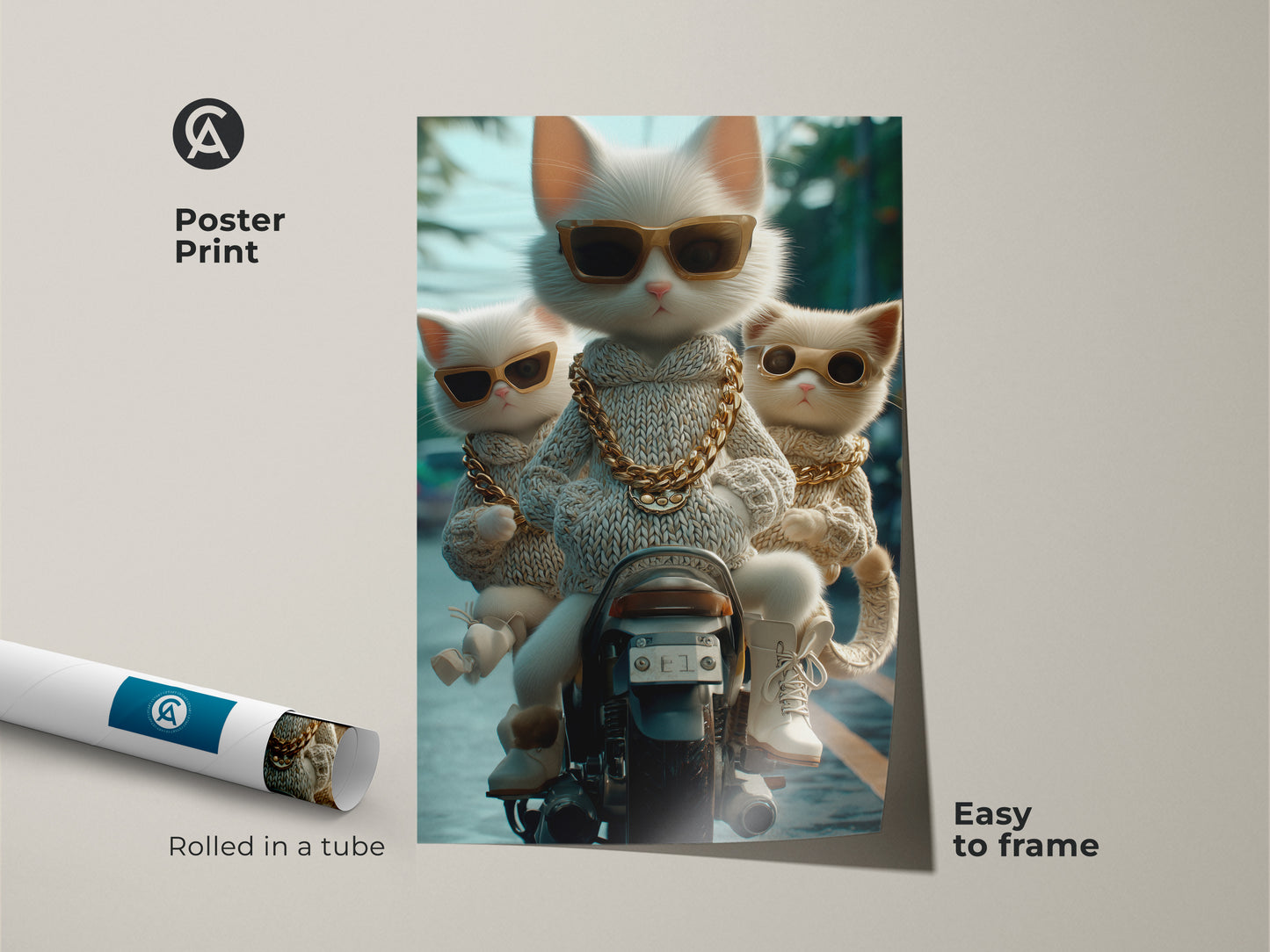 A poster print featuring three fashionable cats riding a motorcycle. The cats sport sunglasses and gold chains. This poster comes rolled in a tube. The artwork is easy to frame. This cat-themed poster adds a unique touch to any room. Ideal for cat art collectors.