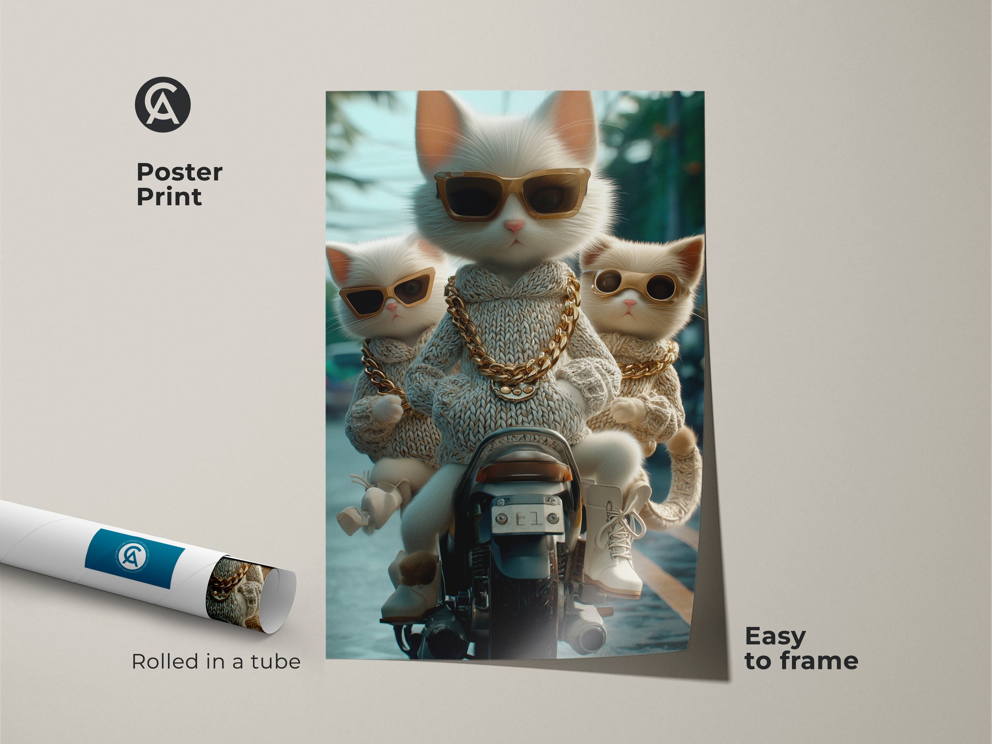 A poster print featuring three fashionable cats riding a motorcycle. The cats sport sunglasses and gold chains. This poster comes rolled in a tube. The artwork is easy to frame. This cat-themed poster adds a unique touch to any room. Ideal for cat art collectors.