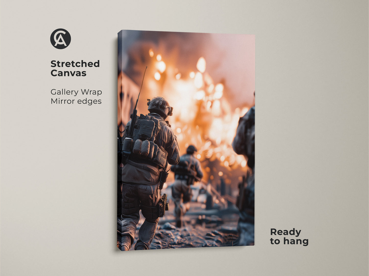 Stretched canvas art shows a soldier running. An explosion happens in the background. Gallery wrapped with mirrored edges this military action canvas art is ready to hang. It's ideal man cave wall decor and a thoughtful army veteran gift.