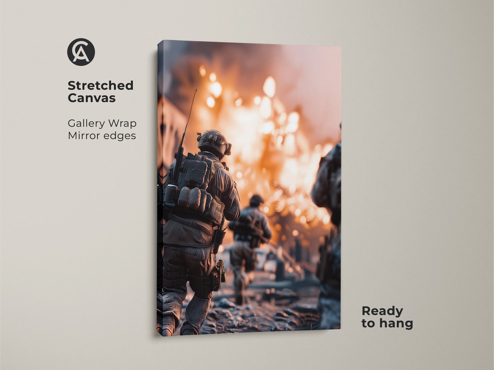 Stretched canvas art shows a soldier running. An explosion happens in the background. Gallery wrapped with mirrored edges this military action canvas art is ready to hang. It's ideal man cave wall decor and a thoughtful army veteran gift.