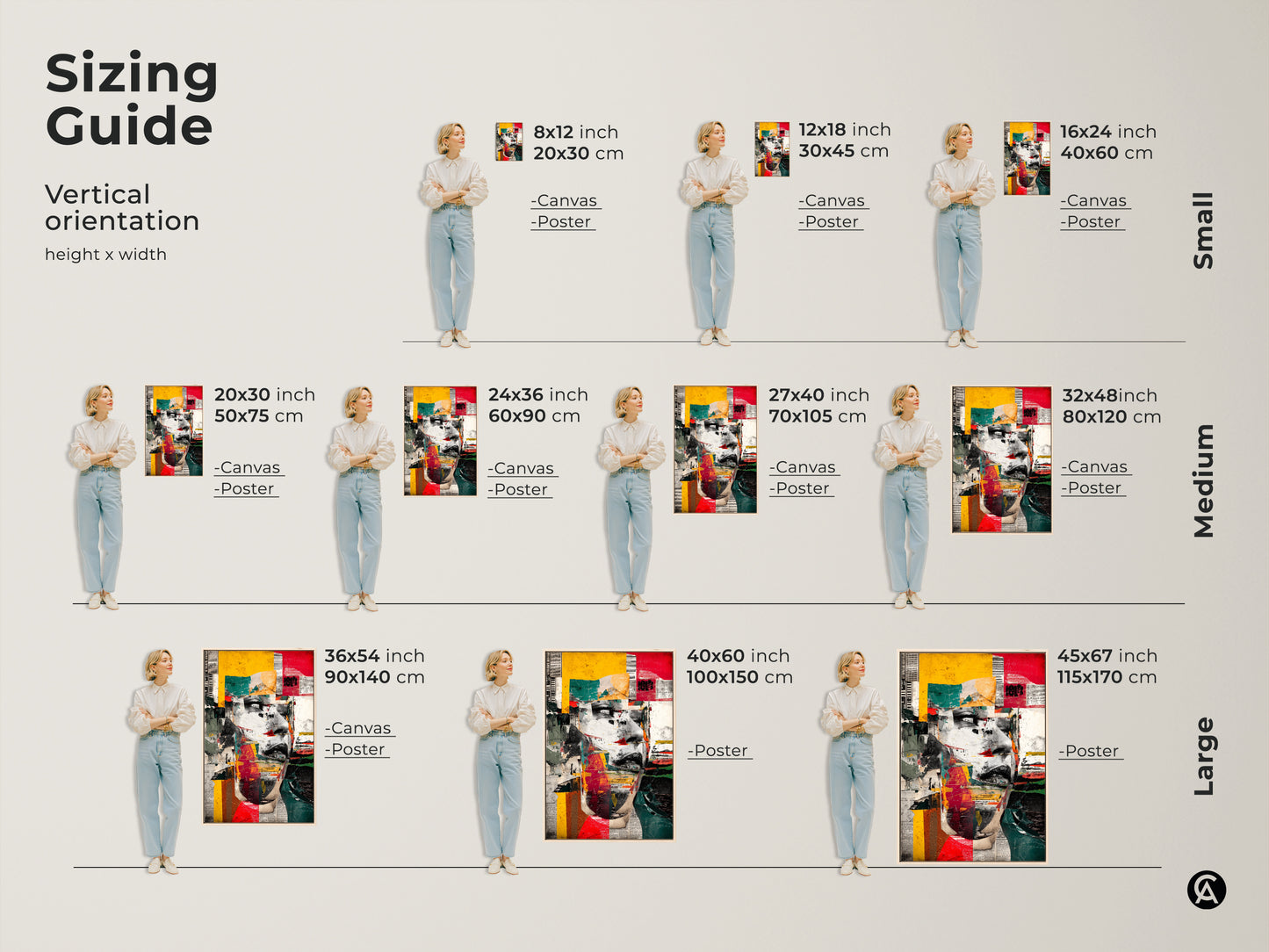 Sizing guide for vertical abstract woman face artwork. Available in small medium and large sizes. Choose from canvas or poster prints to fit any space.