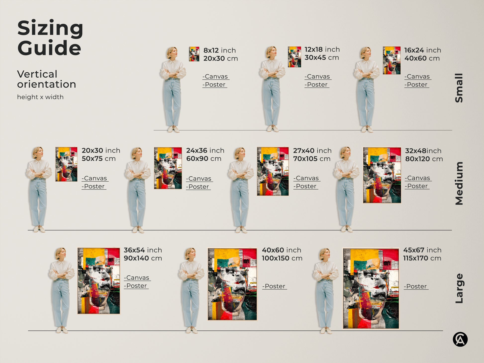 Sizing guide for vertical abstract woman face artwork. Available in small medium and large sizes. Choose from canvas or poster prints to fit any space.