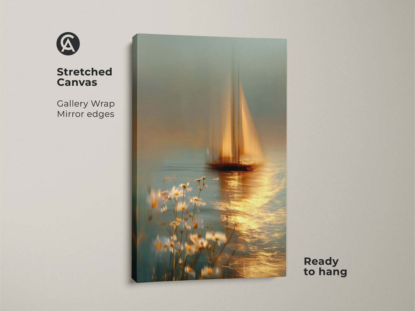 Stretched canvas print of impressionistic sailboat artwork. Gallery wrapped with mirrored edges and ready to hang. The dreamy seascape features a sailboat and daisies. Ideal for coastal themed rooms. A perfect art gift for those who love the sea.