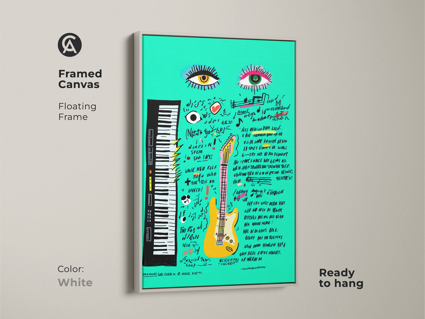 Framed teal guitar Pop Art canvas with white floating frame. Its a modern abstract music artwork that complements any space. Ready to hang this piece adds an eclectic touch and is a great musician gift.