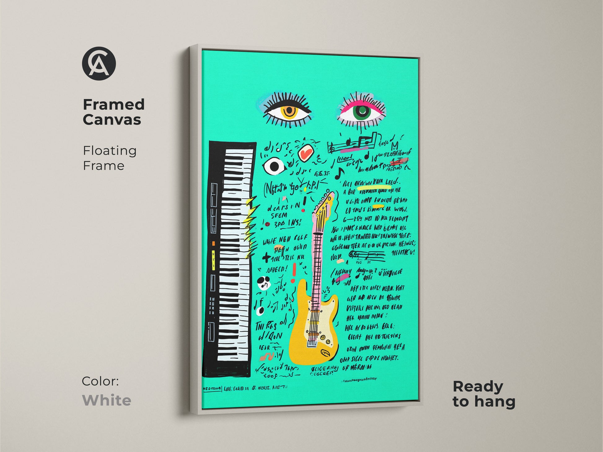 Framed teal guitar Pop Art canvas with white floating frame. Its a modern abstract music artwork that complements any space. Ready to hang this piece adds an eclectic touch and is a great musician gift.