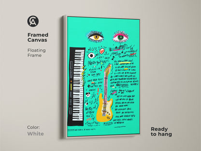 Framed teal guitar Pop Art canvas with white floating frame. Its a modern abstract music artwork that complements any space. Ready to hang this piece adds an eclectic touch and is a great musician gift.