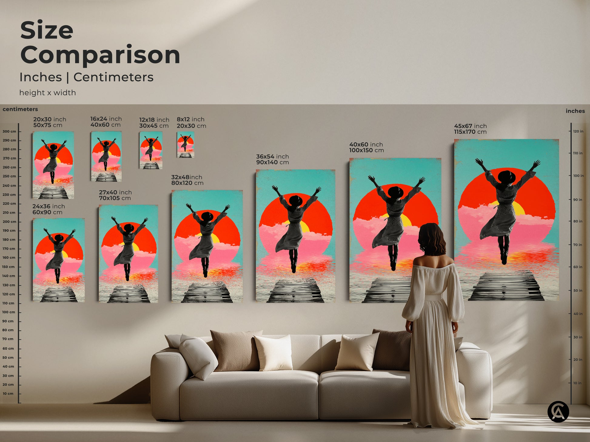 Size comparison showing the scale of a retro collage artwork with a woman jumping on a pier toward the sun. It is displayed in inches and centimeters. It is perfect for adding a boho touch to any living room or space.