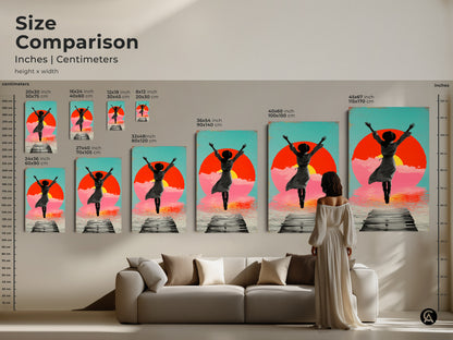 Size comparison showing the scale of a retro collage artwork with a woman jumping on a pier toward the sun. It is displayed in inches and centimeters. It is perfect for adding a boho touch to any living room or space.