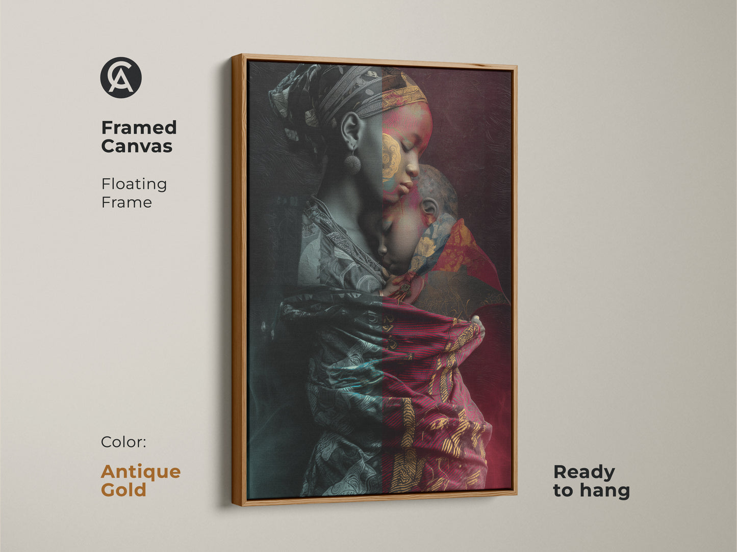 Adorn your walls with this framed canvas art of an African mother and child. The antique gold frame highlights the tribal fusion aesthetic. This contemporary piece arrives ready to hang. The rich red gold and teal tones create a captivating focal point. A stunning family artwork.