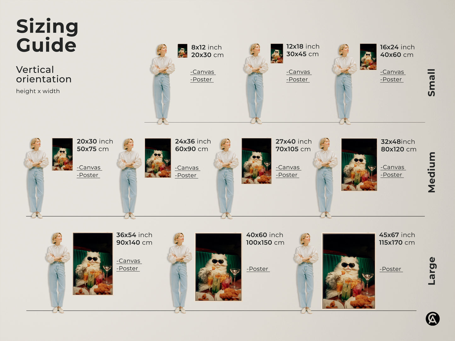 Vertical orientation sizing guide for the cat artwork. Sizes range from small to large. Options include canvas and poster prints. Find the perfect size to enhance your home decor with this funny art.