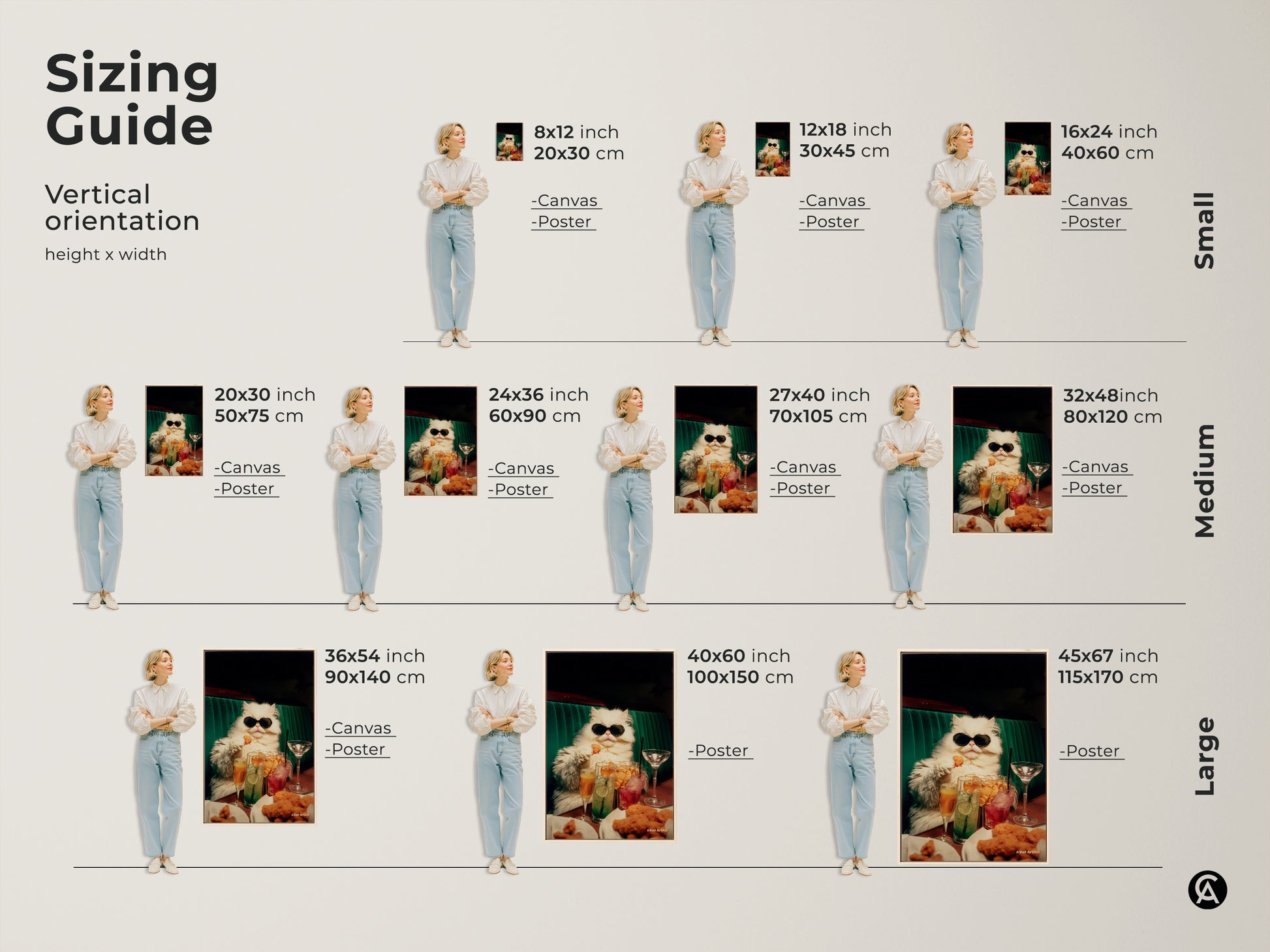 Vertical orientation sizing guide for the cat artwork. Sizes range from small to large. Options include canvas and poster prints. Find the perfect size to enhance your home decor with this funny art.
