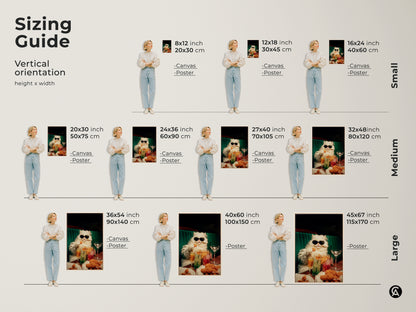 Vertical orientation sizing guide for the cat artwork. Sizes range from small to large. Options include canvas and poster prints. Find the perfect size to enhance your home decor with this funny art.