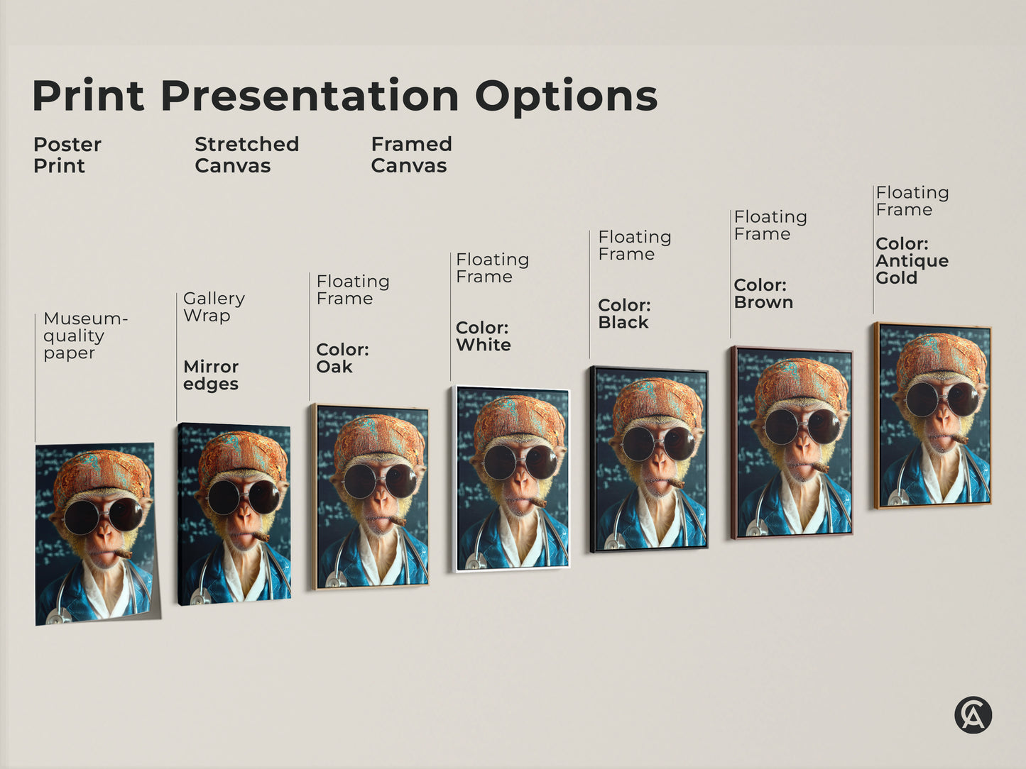 Print Presentation Options for the monkey doctor art. Choices include poster print stretched canvas and framed canvas. Museum-quality paper and floating frames are available. Select the perfect style for this surreal animal artwork.