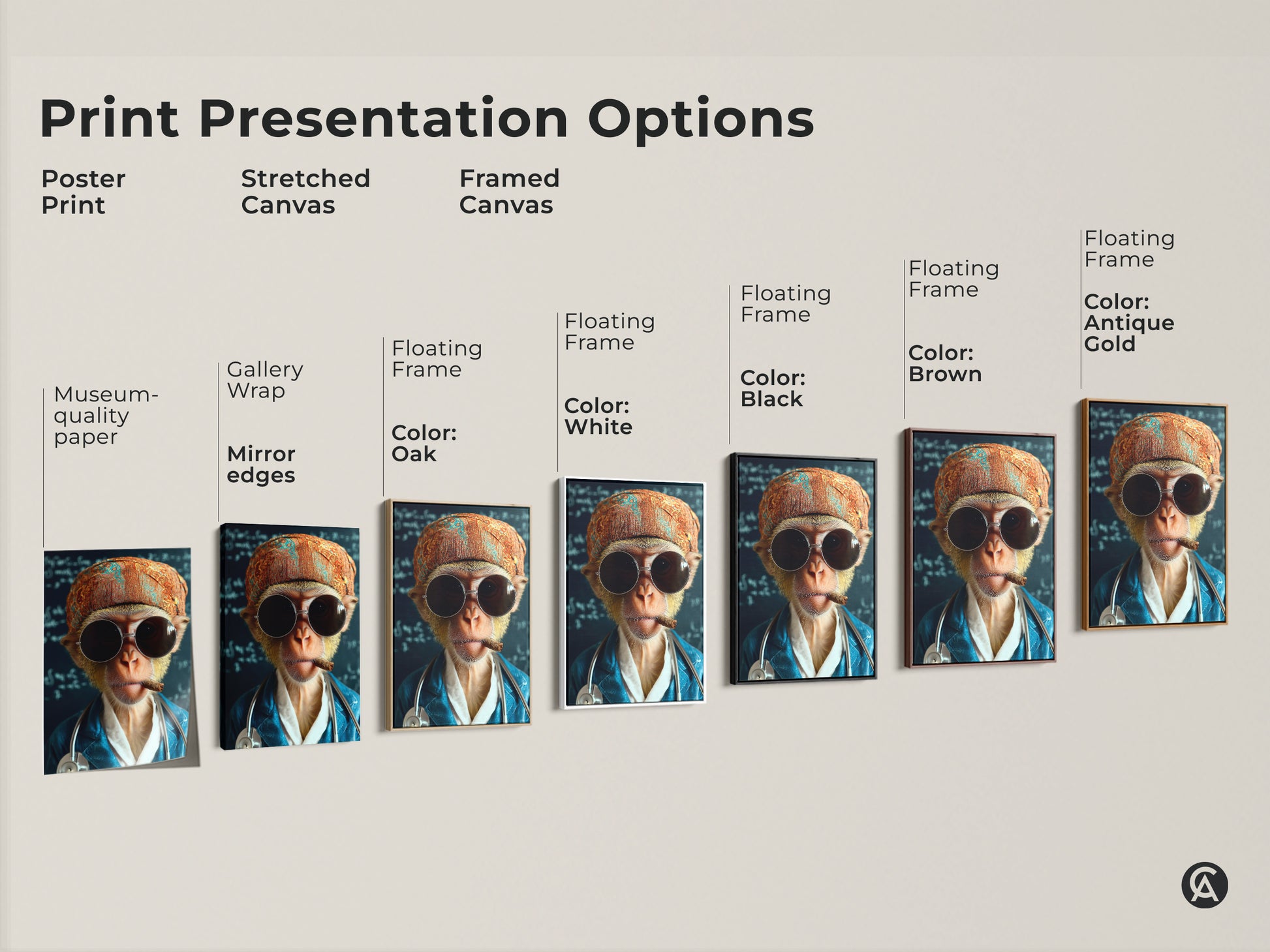 Print Presentation Options for the monkey doctor art. Choices include poster print stretched canvas and framed canvas. Museum-quality paper and floating frames are available. Select the perfect style for this surreal animal artwork.