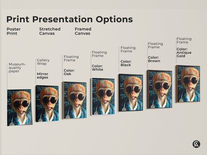 Print Presentation Options for the monkey doctor art. Choices include poster print stretched canvas and framed canvas. Museum-quality paper and floating frames are available. Select the perfect style for this surreal animal artwork.