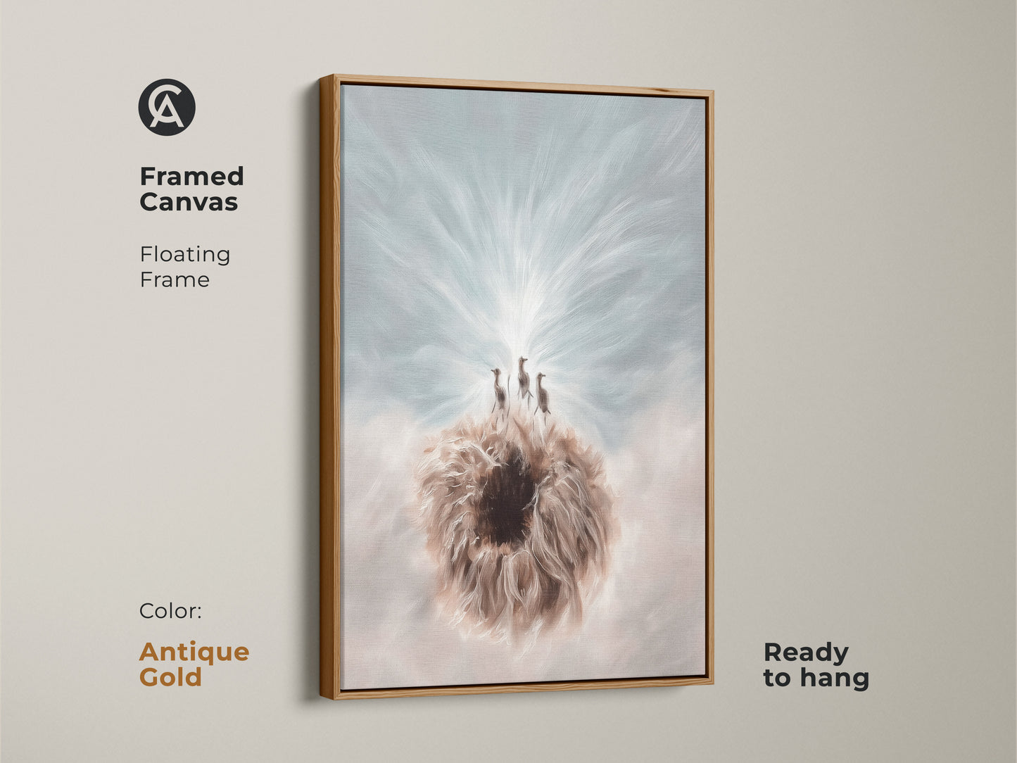 This is the framed canvas art of the Meerkat & Dandelion in an antique gold floating frame. This boho fantasy animal wall decor is ready to hang. The blue and white nature print is perfect for animal lovers.