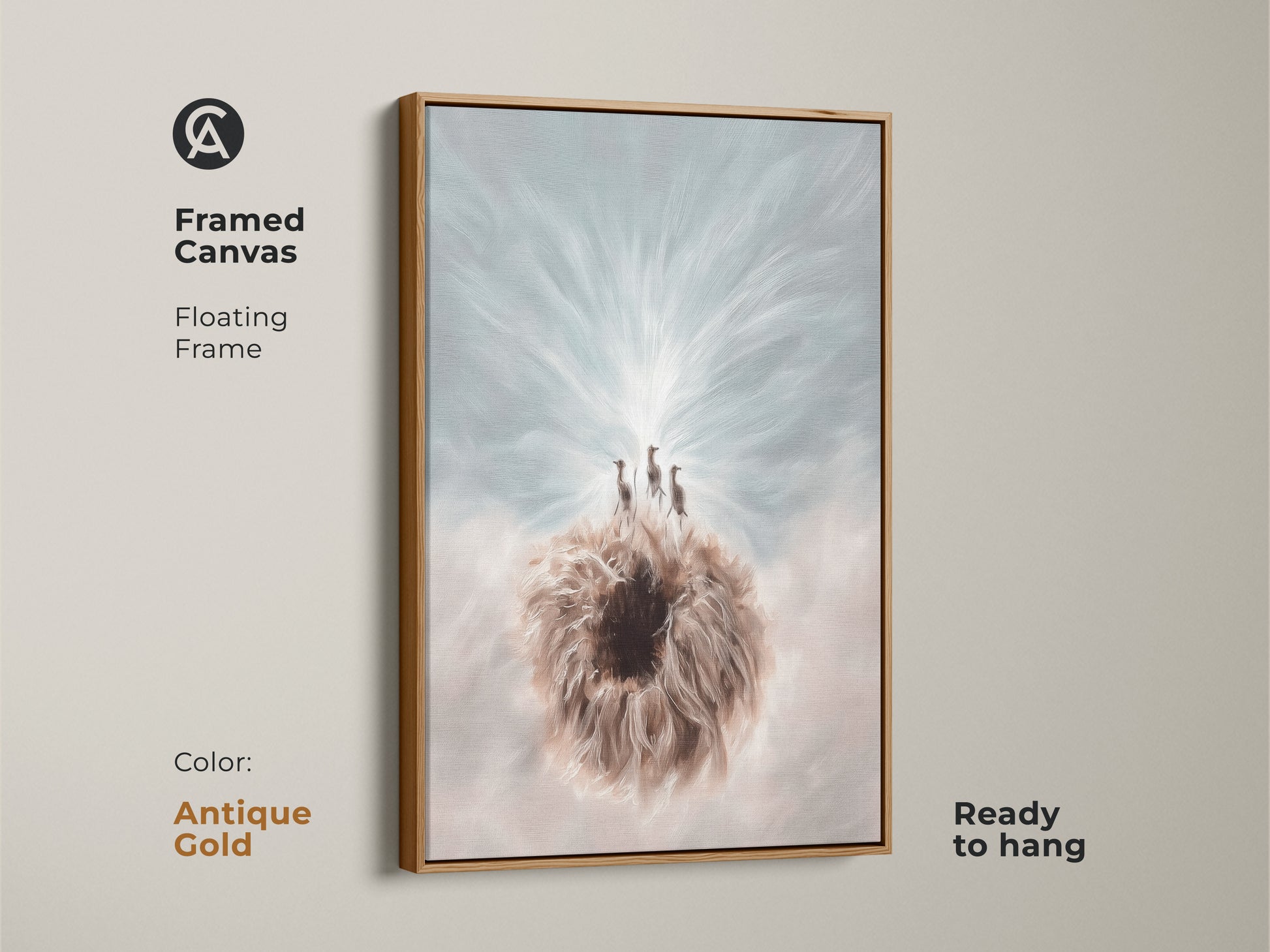 This is the framed canvas art of the Meerkat & Dandelion in an antique gold floating frame. This boho fantasy animal wall decor is ready to hang. The blue and white nature print is perfect for animal lovers.