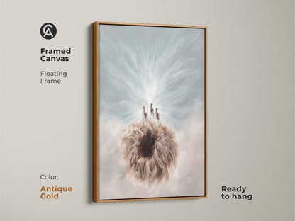This is the framed canvas art of the Meerkat & Dandelion in an antique gold floating frame. This boho fantasy animal wall decor is ready to hang. The blue and white nature print is perfect for animal lovers.