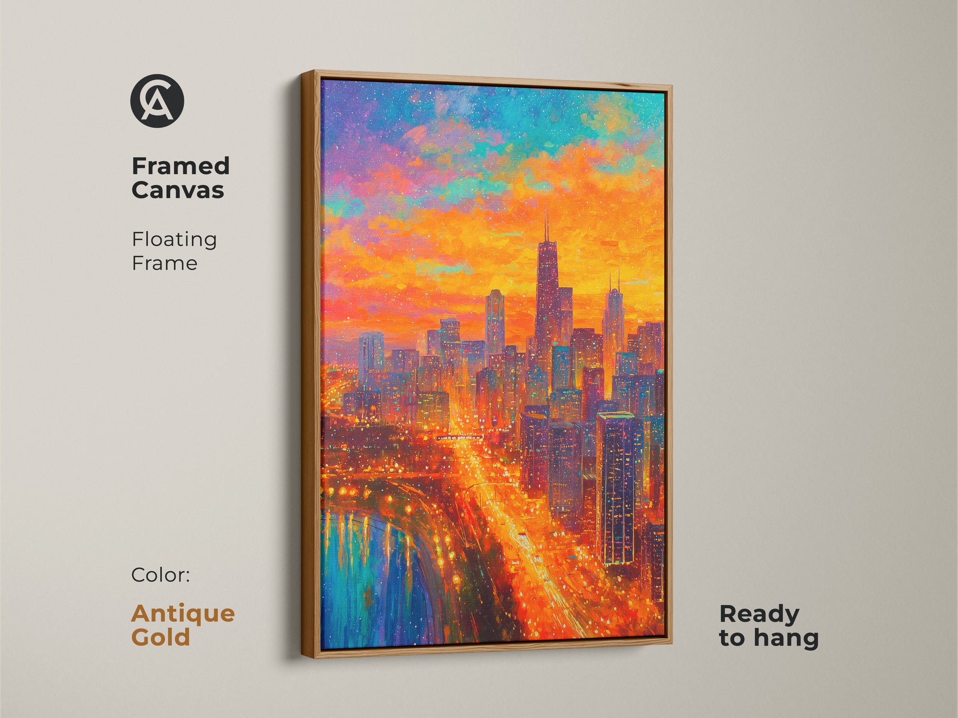 Here is framed canvas art of the Chicago skyline. The floating frame is antique gold. The colorful artwork is ready to hang. It adds a touch of elegance to your decor. The cityscape art captures the city's beauty